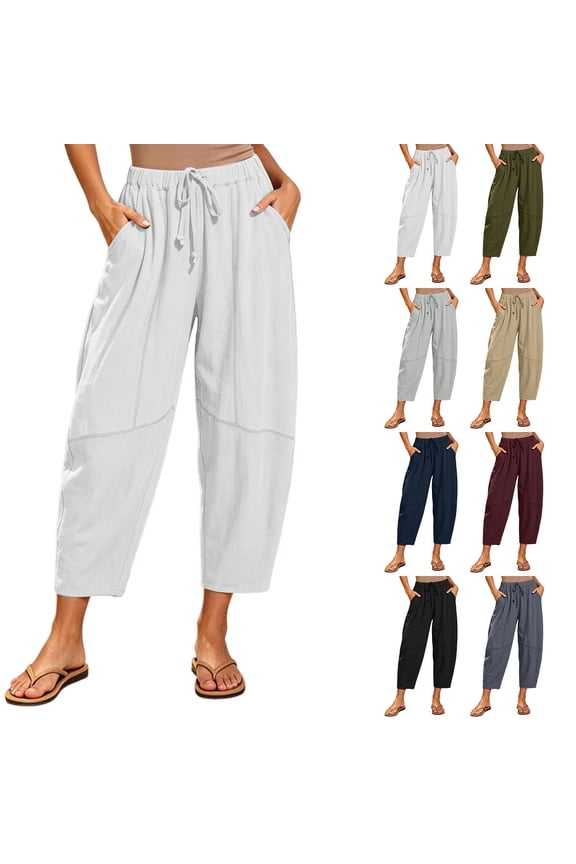 Women's Linen Harem Pants Baggy Drawstring Waist Casual Contrast Stitching Wide Leg Barrel Pants with Pockets White XL(XL)