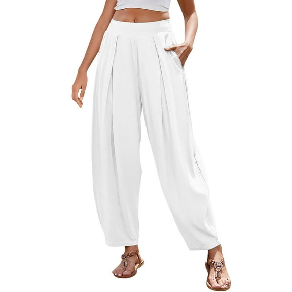 CHUMUD Women’s Linen Harem Pants Loose Fit Boho Pants Stretch Wide Waist Pleated Casual Lounge Trousers for Summer Beach Vacation