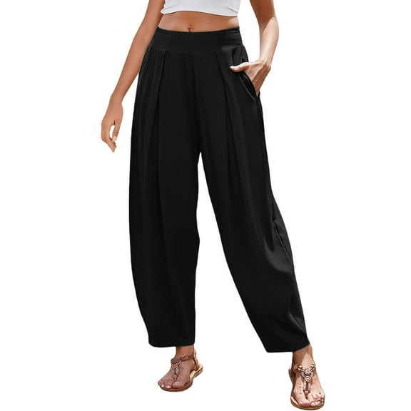 CHUMUD Women’s Linen Harem Pants Loose Fit Boho Pants Stretch Wide Waist Pleated Casual Lounge Trousers for Summer Beach Vacation
