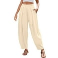 thumbnail image 1 of Women’s Linen Harem Pants Loose Fit Boho Pants with Wide Waistband Casual Lounge Trousers for Summer Beach Vacation, 1 of 6