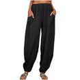 thumbnail image 1 of Women's Linen Harem Pants with Pockets | Loose Fit Wide Leg Elastic Waist Cropped Pants, Lightweight Breathable, Lounge & Casual Summer Trousers Black M, 1 of 2