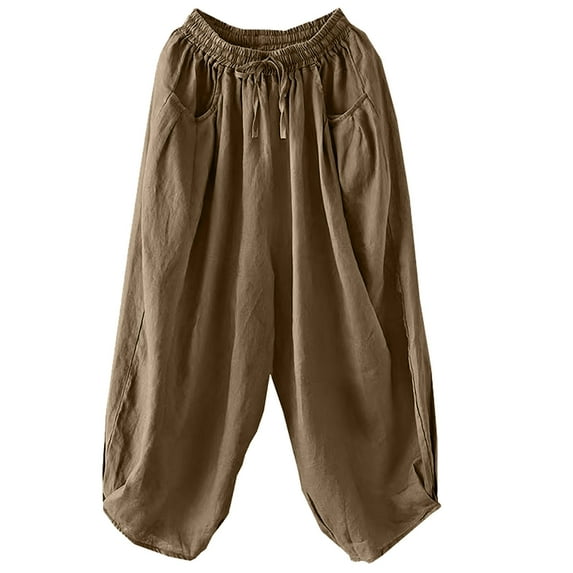 Black and Friday Women's Linen Harem Pants with Pockets Drawstring Elastic Waist Loose Fit Cropped Trousers Summer Beach Yoga Boho Pants Coffee M