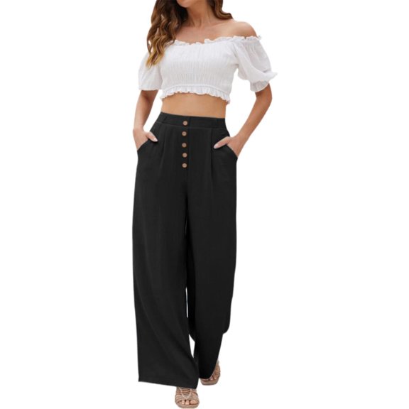Women's Linen High Waist Buckle Pants With Elegant Pockets And Casual Wide Leg Fashion Court Pants Stylish Elegant And Comfortable For Everyday Life.