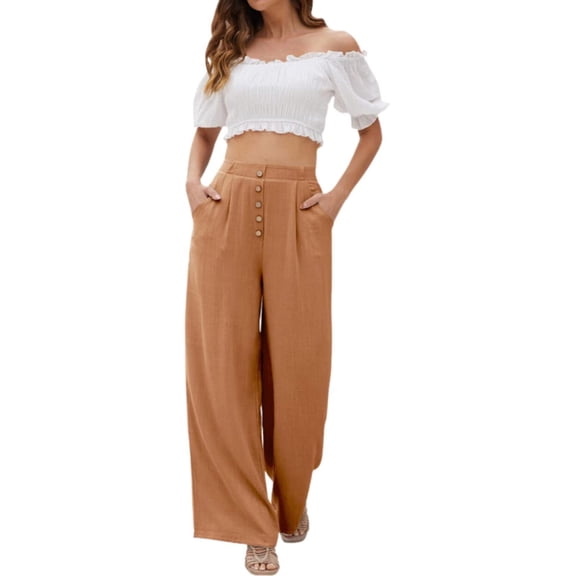Women's Linen High Waist Buckle Pants With Elegant Pockets And Casual Wide Leg Fashion Court Pants Stylish Elegant And Comfortable For Everyday Life.