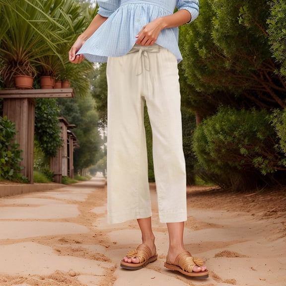 Women's Linen High Waisted Drawstring Culotte Pants Summer Elastic Waist Wide Leg Cropped Capri Pants With Pockets plus Size Casual Pants Set for Women Beach Pants Petite Elastic Waist Pants for Women