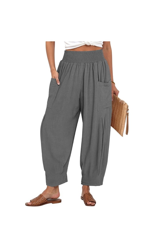 Women's Linen High Waisted Harem Pants - Loose Fit Boho Beach Travel Vacation Pants, Gray Size M