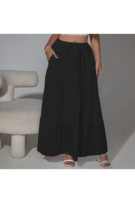 Women's Linen High Waisted Maxi Tiered Skirt Dot Pattern Drawstring Elastic Waist Flowy Long Skirt Summer Boho Beach Vacation Breathable Casual Skirt