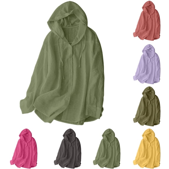 Women's Linen Hoodies Summer Sun Protection Button Long Sleeve Comfotable Soft Long Sleeve Plain Sunscreen Loose Casual Jackets S-2XL