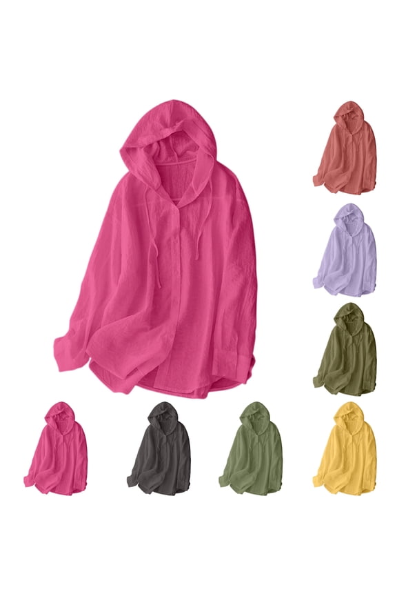 Women's Linen Hoodies Summer Sun Protection Button Long Sleeve Comfotable Soft Long Sleeve Plain Sunscreen Loose Casual Jackets S-2XL