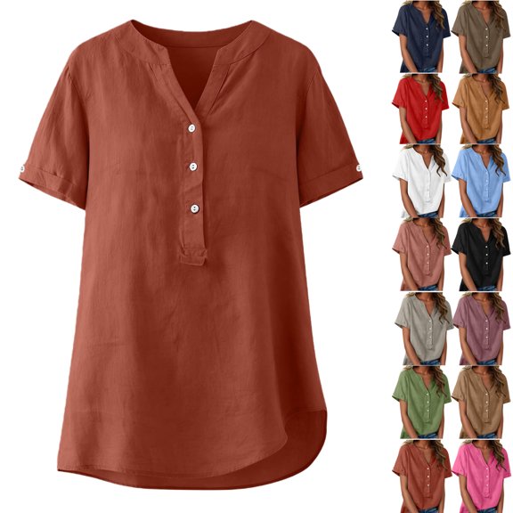Women's Linen Inspired V-Neck Buttoned Half-Open Front Fashion Solid Color Short Sleeve T-Shirt Top