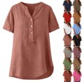 thumbnail image 1 of Women's Linen Inspired V-Neck Buttoned Half-Open Front Fashion Solid Color Short Sleeve T-Shirt Top, 1 of 8