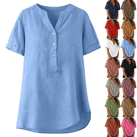 Women's Linen Inspired V-Neck Buttoned Half-Open Front Fashion Solid Color Short Sleeve T-Shirt Top