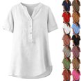 thumbnail image 1 of Women's Linen Inspired V-Neck Buttoned Half-Open Front Fashion Solid Color Short Sleeve T-Shirt Top, 1 of 9