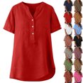 thumbnail image 1 of Women's Linen Inspired V-Neck Buttoned Half-Open Front Fashion Solid Color Short Sleeve T-Shirt Top, 1 of 9