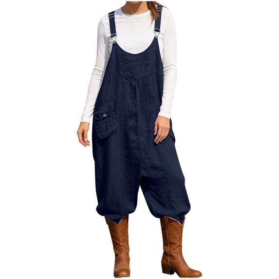 Women's Linen Jumpsuit Casual Wide Leg One Piece Overalls with Adjustable Straps Loose Fit Bib Outfits with Pockets Business Casual Tops 2026 Spring Summer One-Piece Outfits