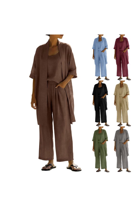 Women's Linen Jumpsuit Set, High Waisted Wide Leg Pants with Jacket, Stretchy & Breathable, Business Casual & Summer Vacation | TOPLIU,Black 2XL