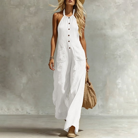 Women's Linen Jumpsuit, V-Neck Front Clasp Sleeveless, Breathable One-Piece Pants For Spring & Summer Vacation White XL
