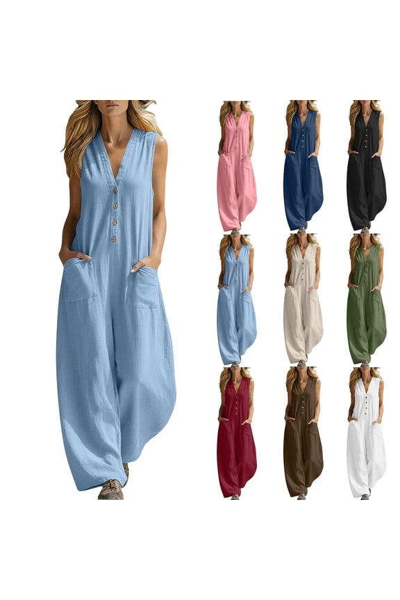 Women's Linen Jumpsuits Wide Leg Long Pants with Pockets One Piece Button Up V Neck Sleeveless Loose Playsuits (2XL, Blue)