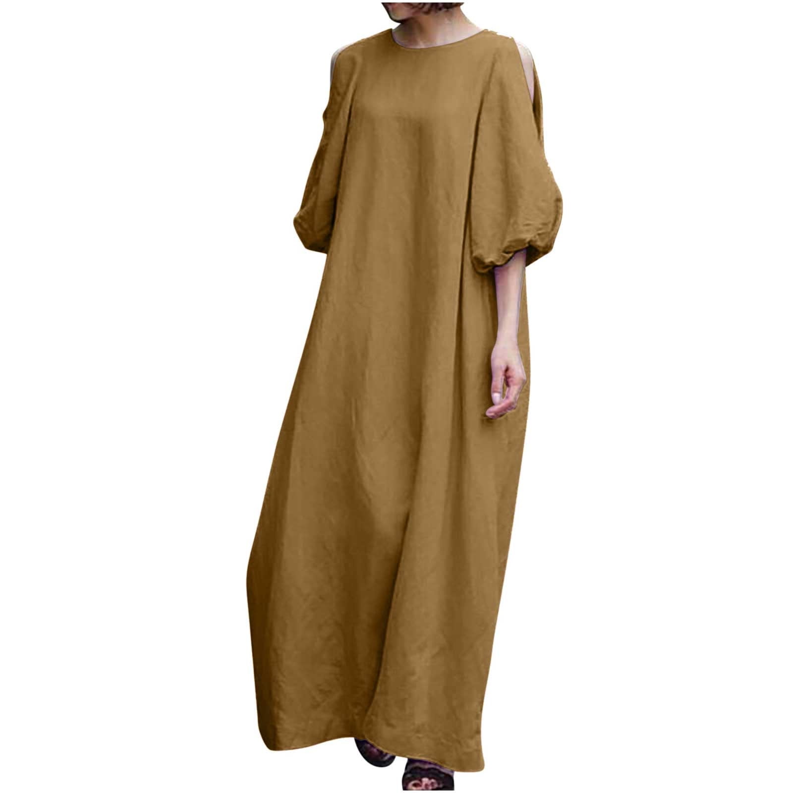 Women's Linen Long Dress Loose Puff Sleeve Half Sleeve Solid Maxi Dress  Cold Shoulder Cotton Linen Casual Crewneck Dress - Walmart.com