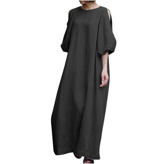 Women's Linen Long Dress Loose Puff Sleeve Half Sleeve Solid Maxi Dress Cold Shoulder Cotton Linen Casual Crewneck Dress