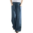 thumbnail image 1 of Women's Linen Long Pants Fashion Solid Color Elastic Waist Trousers Cotton and Linen Full Length Pants Loose Straight Wide Leg Pants with Pocket, 1 of 5