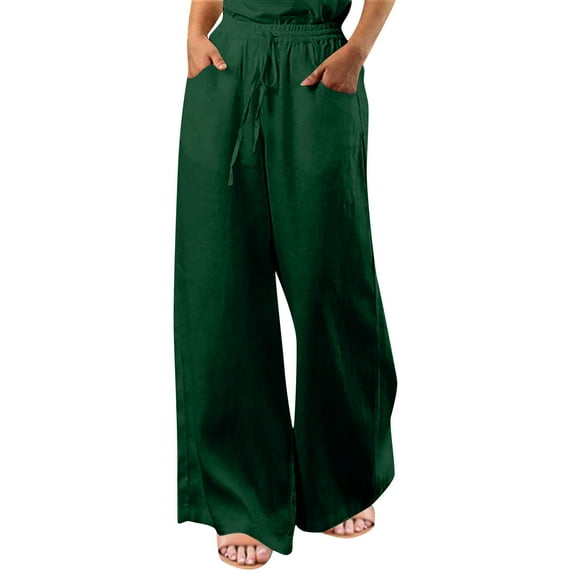Women's Linen Long Pants Fashion Solid Color Elastic Waist Trousers Cotton and Linen Full Length Pants Loose Straight Wide Leg Pants with Pocket