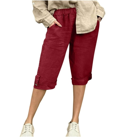 Women's Linen Long Shorts Capris with Pockets Summer Casual Elastic Waisted Knee Length Pants Cropped Trousers for Beach Vacation Wine M