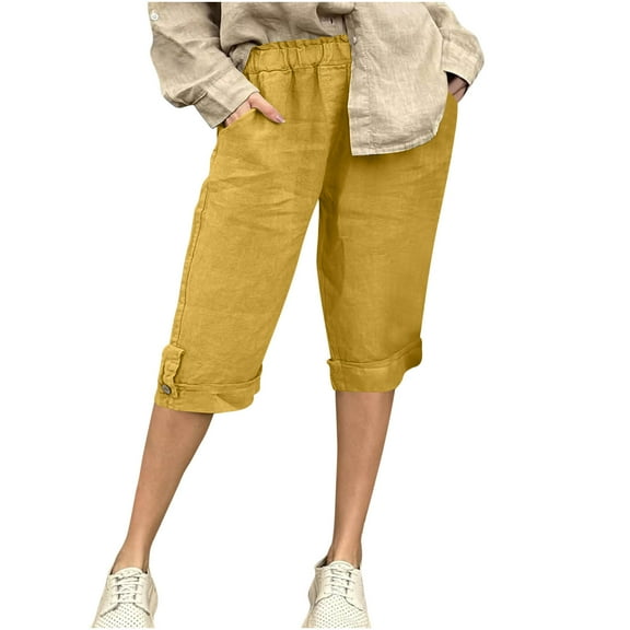 Women's Linen Long Shorts Capris with Pockets Summer Casual Elastic Waisted Knee Length Pants Cropped Trousers for Beach Vacation Yellow XL