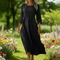 thumbnail image 1 of Women's Linen-Look Casual Long Dress with Quarter Sleeves and Pockets, Loose Fit for Spring Summer Wear, 1 of 9