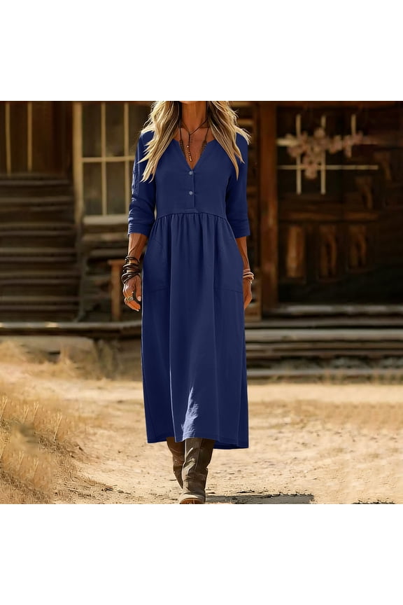 Women's Linen-Look Loose Fit Pocket Quarter Sleeve Casual Long Dress
