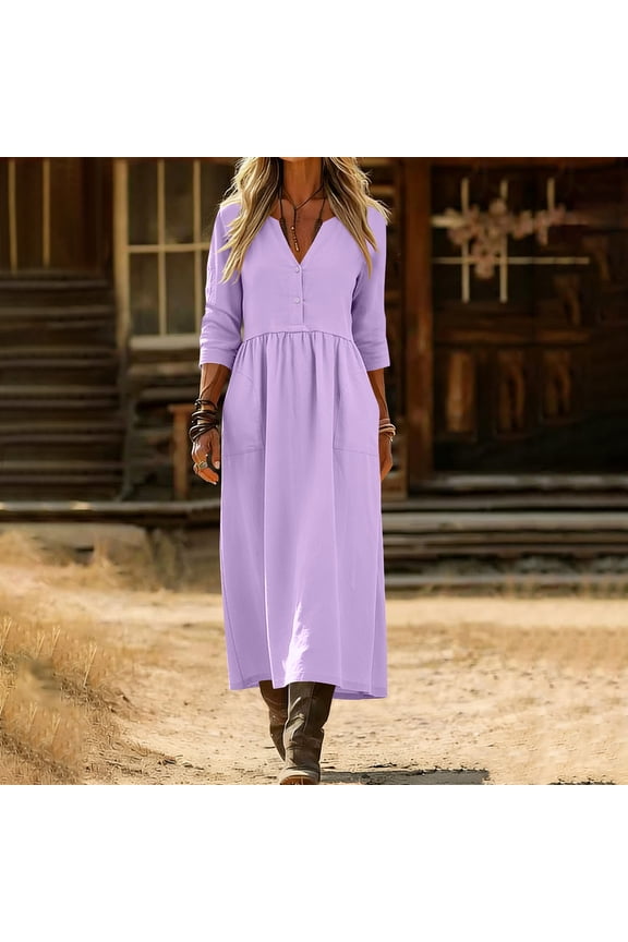 Women's Linen-Look Loose Fit Pocket Quarter Sleeve Casual Long Dress