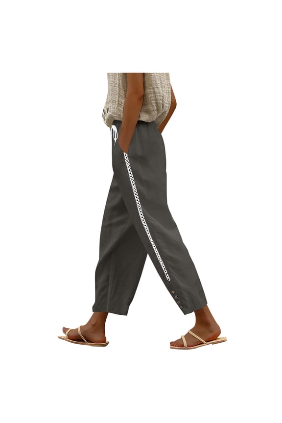 Women's Linen-Look Straight Leg Pants, Solid Color Side Panel Trousers, Elastic Waist Casual Bottoms, Tailored Relaxed Fit Outfits, Modern Office Ready Clothing