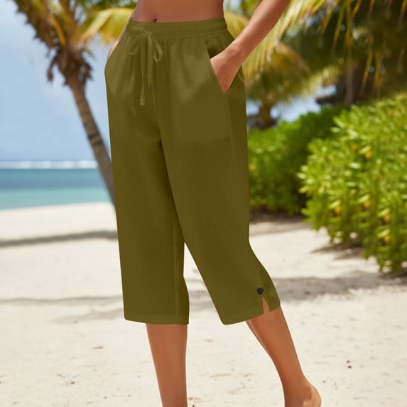 Women's Linen Loose Capris Pants Drawstring Elastic Waist Casual Straight Leg Breathable Cropped Pants Coffee S