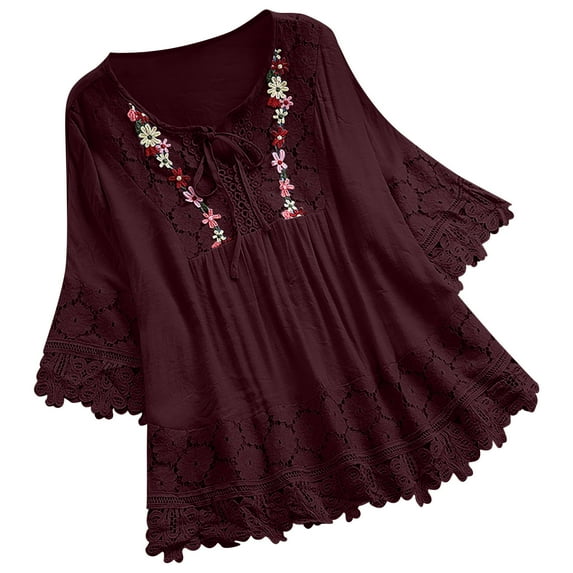 Women's Linen Loose Fit Tshirt Plus Size Tops Vintage Lace Tie V-Neck Embroidered Floral Tunics Comfy Relaxed Ladies 3/4 Sleeve Blouse Boho Summer Casual flowy dressy tops