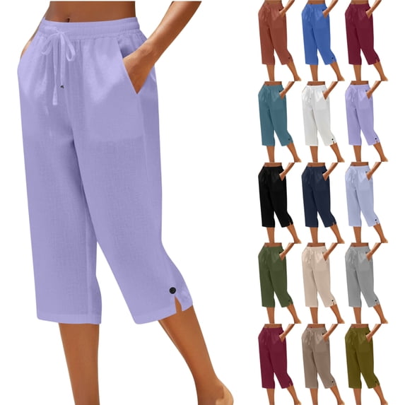 Women's Linen Loose Pants Button Elastic Waist Casual Straight Tube Pants Capris