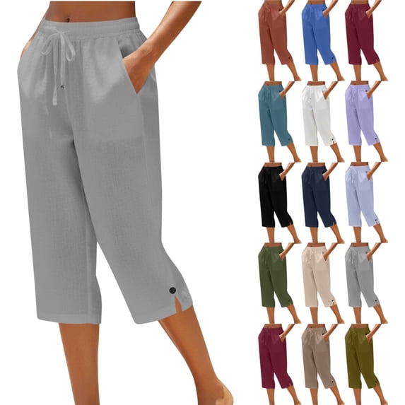 Women's Linen Loose Pants Button Elastic Waist Casual Straight Tube Pants Capris