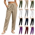 thumbnail image 1 of Women's Linen Loose Pants, High Waist Elastic Waist Double Pocket, Casual Summer Lounge for Beach Work & Outdoor, Cotton Linen Trousers | VerBelle,Army Green L, 1 of 6