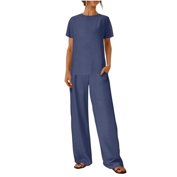 Women's Linen Lounge Sets Comfort Casual Going Out Outfits Short Sleeve Wide Leg Pants Pajamas Pjs Sleepwear Blue, S