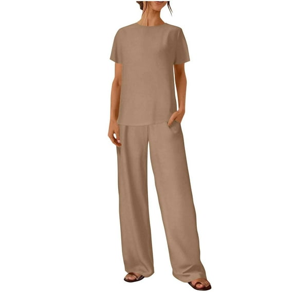 Women's Linen Lounge Sets Comfort Casual Going Out Outfits Short Sleeve Wide Leg Pants Pajamas Pjs Sleepwear Khaki, S