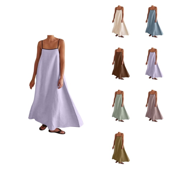Women's Linen Maxi Dress, Contrast Trim Spaghetti Strap Sleeveless Backless Summer Beach Sundress, Loose Flowy Long Vacation Travel Dress