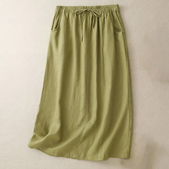 Women's Linen Maxi Skirt High Waist Drawstring Slit Long Skirt with Pocket Summer Casual Resort Beach Daywear Elegant Skirt