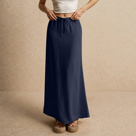 Women’s Linen Maxi Skirt with Elastic Drawstring Waist Flowy A-Line Long Skirt for Spring & Summer Casual Outfits Navy L
