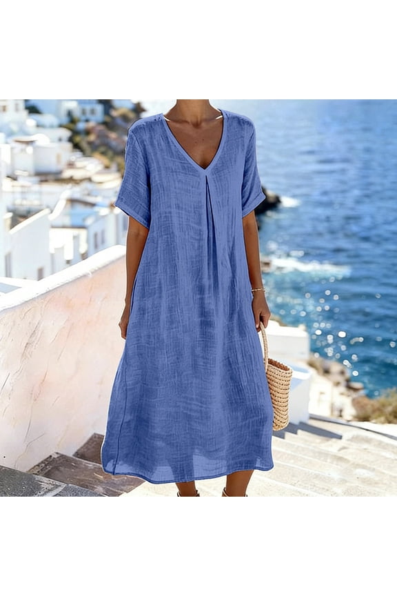 Women's Linen Midi Dress, Soft V Neck Short Sleeve Pullover Dress, Lightweight Breathable Beach Dress for Casual Daily Wear, Vacation and Travel Dark Blue XXL