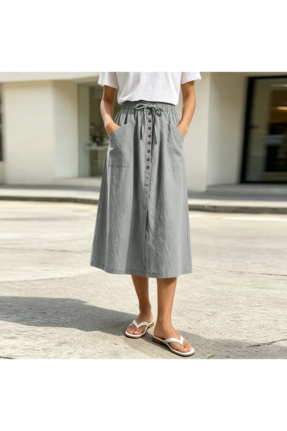 Women's Linen Midi Skirt Elastic Drawstring Waist Button Front Slit A-Line Skirts Summer Beach Boho Flowy Skirt with Pockets