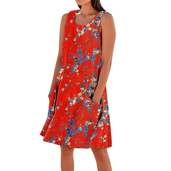 Women's Linen Mini Dress with Pockets, Floral Print O-neck Sleeveless T-Shirts Dress, Bohemian Loose Tank Dresses