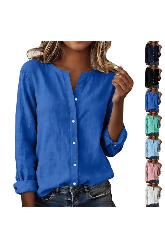 Women's Linen Notched V Neck Roll-Tab Long Sleeve Button Down Blouses Loose Fit Summer Business Tops, #02 Blue, XXL