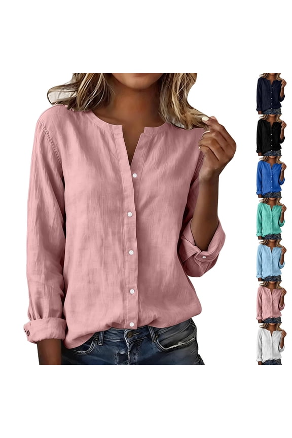 Women's Linen Notched V Neck Roll-Tab Long Sleeve Button Down Blouses Loose Fit Summer Business Tops, #02 Pink, XL