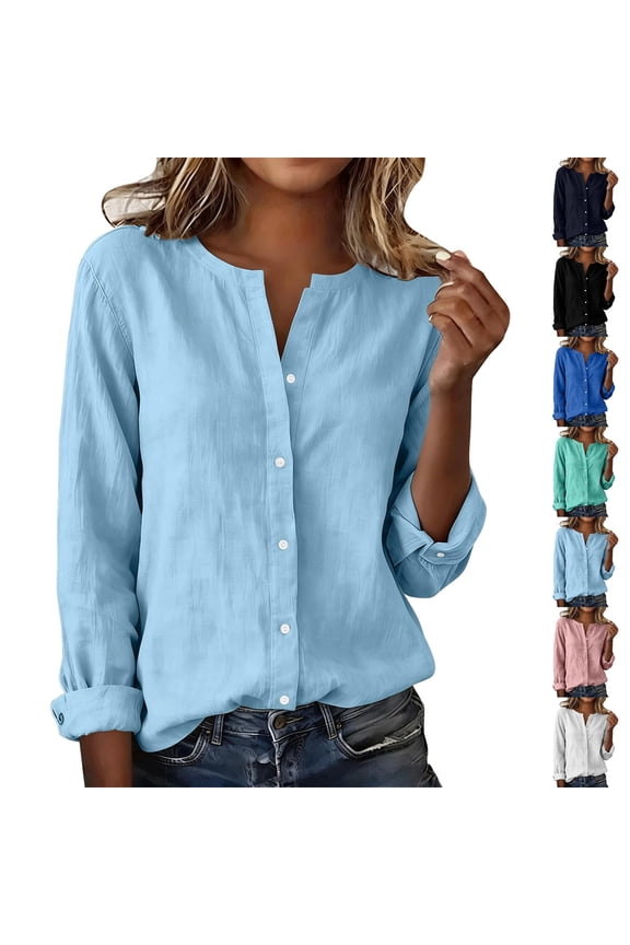 Women's Linen Notched V Neck Roll-Tab Long Sleeve Button Down Blouses Loose Fit Summer Business Tops, #02 Sky Blue, XL