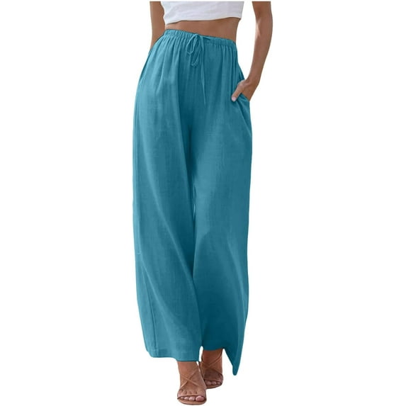 Women's Linen Palazzo Pants Summer Flowy Temperament Wide Leg Casual Pants with Pockets Drawstring Elastic High Waist Pant