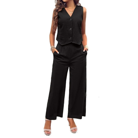 Women's Linen Pant Set Cotton Comfy 2 Piece Elastic Waist V Neck Outfits Matching Fashion Casual Button Down Tank Cropped Pants Suit Summer Black Small